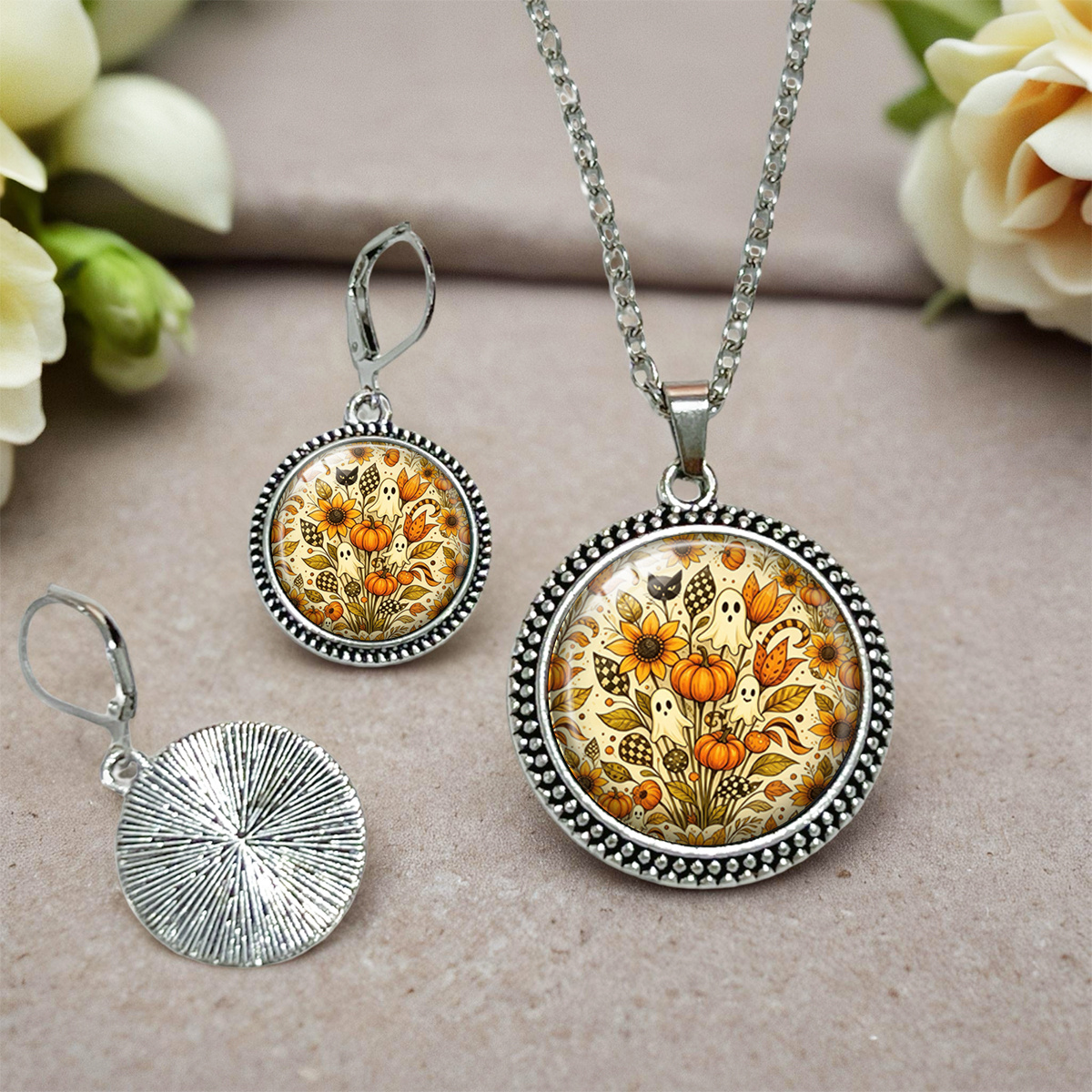 3pcs Pumpkin Halloween Necklace & Earrings Set, Unisex